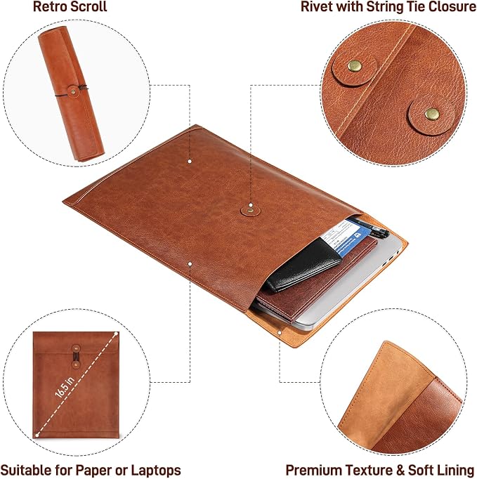 Brown PU Leather File Folder for Documents,Important Document Folder with String Tie,Laptop Sleeve Notebook Case,Leather File Organizer,A4 Envelopes Filing Folder