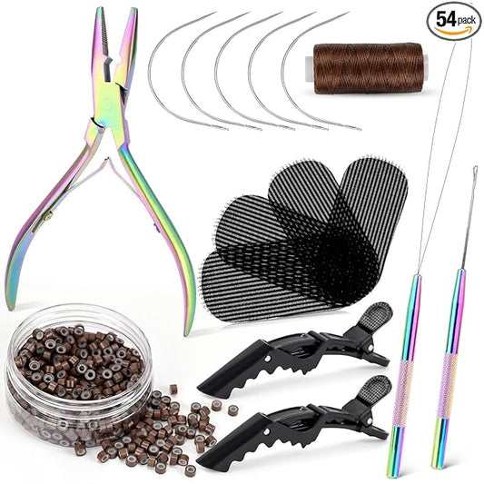 NEWISHTOOL Hair Extension Tool Kit - Silicone Micro Beads, Stainless Steel Beads Plier, Metal Bead Threader and Needle Pulling Hook for Beading Hair Extensions, Girls Cosplay Party Hair Styling Tool