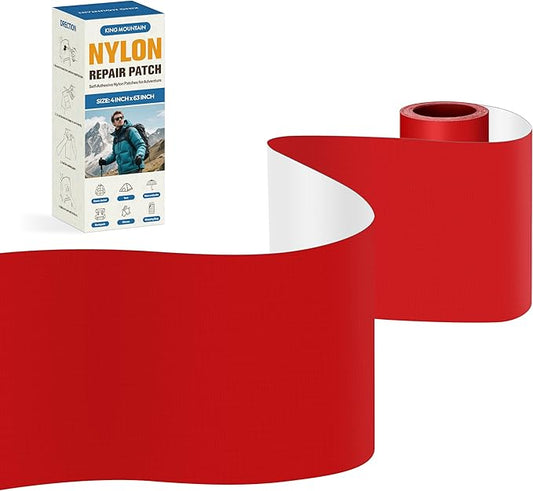 KING MOUNTAIN Self Adhesive Nylon Fabric Repair Tape, 4×63 Inches, Quick Down Jacket Repair Patch, Waterproof Outdoor Gear Patch Kit for Tent,Backpacks,Umbrella, Gloves, Sleeping Bag (Red)