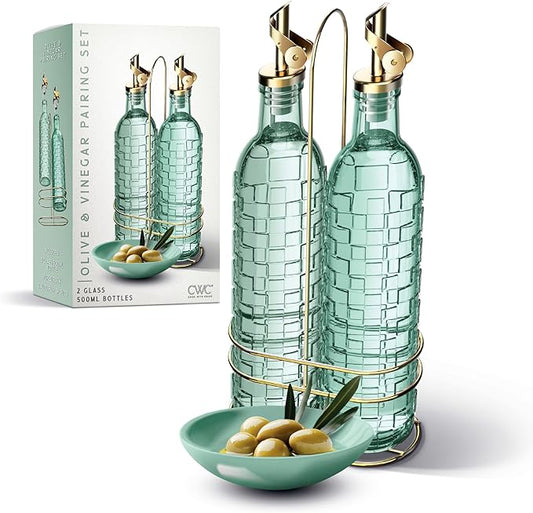 COOK WITH COLOR Glass Olive Oil Bottle Dispenser - 2 Pack- 17oz Oil and Vinegar Cruet - Olive Oil Carafe Decanter for Kitchen, Checkered, Green