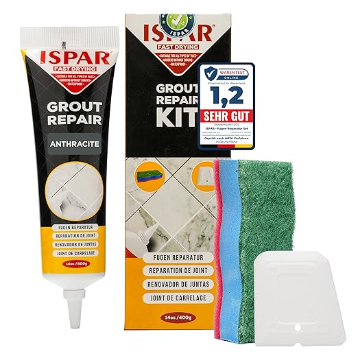ISPAR Tile Grout Repair Kit – Dark Gray Grout Filler 14 oz Value Size, Pre-Mixed Grout Repair Paste, Ready to Use Tile Joint Filler for Bathroom & Shower Tile, Spatula & Sponge