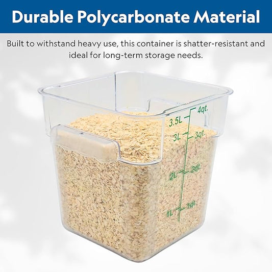 FSE Square Food Storage Container with Green Lid, 4 Quart, Polycarbonate, Reusable, Clear, NSF