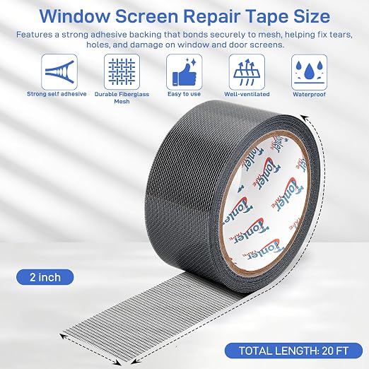 Window Screen Repair Tape 2 in x 20 FT Fiberglass Strong Adhesive Screen Patch, Waterproof Mesh Repair Kit for Window & Door Screen Holes Tears - Black