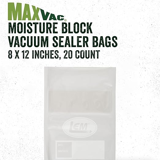 LEM Products MaxVac Moisture Stop Vacuum Bags, BPA-Free, Puncture-Resistant, 8 x 12 Inches, 20 Count