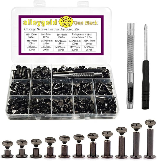 362 Pcs Chicago Screws with Punch and Screwdriver Leather Rivets 11 Sizes Assorted Screw Rivets for Decorate and Repair Leather Craft Belt Bookbinding Bag Shoes Purse Gun Black