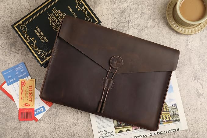 Genuine Leather Envelope Document Holder， Leather File Folder Organizer，Envelope Document Holder for Men&Women, Personalized Folio Laptop Sleeve Case for 15" Laptops, Tablets