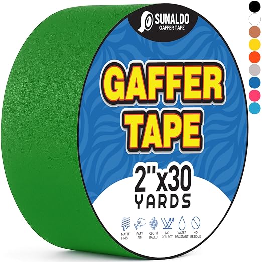 Gaffers Tape Heavy Duty, Easy to Rip, Residue-Free Professional Grade Floor Tape for Electrical Cords, Matte Finish Non Reflective, Weather Resistant (1, Green, 2" x 30 Yards)