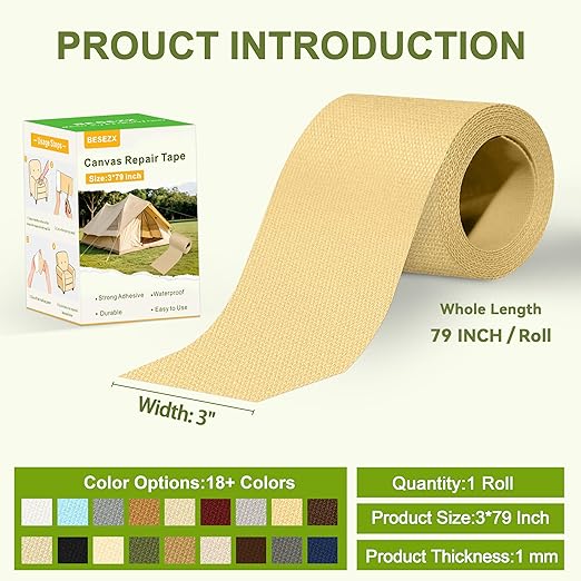 Besezx Canvas Repair Tape,Outdoor Gear Patch, 3x79 Inches,Waterproof Self-Adhesive Fabric Repair Tape for Repairing Boat Covers,Sun Shades,Sofas,Tents,Lounge Chairs,Awnings (Beige Yellow)