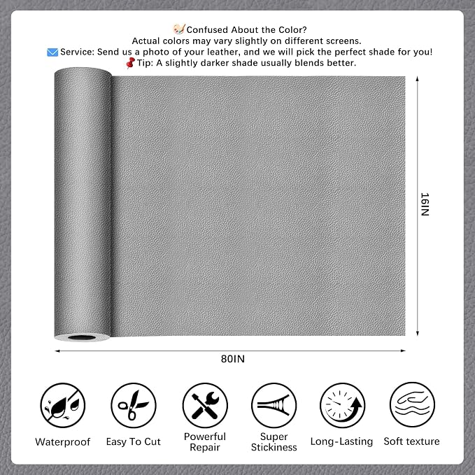 Dark Gray Leather Repair Tape, 16x80 Inch Leather Repair Patch Self-Adhesive, Waterproof Faux Leather Patch, Vinyl Repair Tape for Couch, Sofas, Furniture, Office Chair, Car Seats