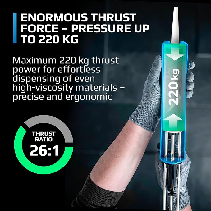 Professional Heavy-Duty Caulking Gun 26:1 Thrust Ratio, Triple Push Rod Dripless Silicone Caulk Gun with Metal Handle, Adjustable Trigger, Fits 5–10 oz Cartridges for Silicone Acrylic & Sealants GRAFF | Triple push rod system –max pressure 150–310 ml c...
