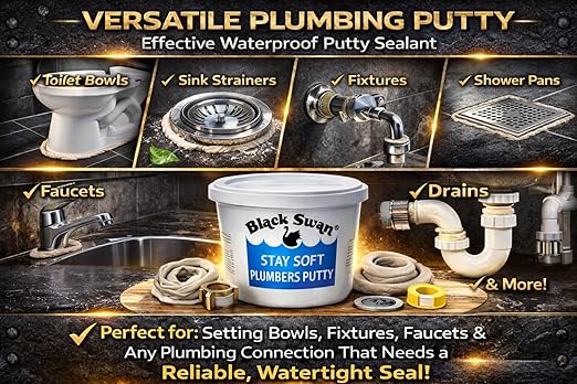 Black Swan Stay Soft Plumbers Putty, 28oz - Crack-Resistant, Ideal for Sink Drain, Faucets & Fixtures, Stretchable Plumber Putty - White