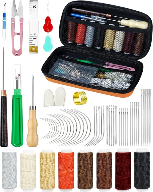PLANTIONAL 8 Colors Waxed Thread Leather Sewing Kit, 47 Pcs Upholstery Repair Kit with Waxed Thread, Sewing Awl, Hand Stitching Needles, Leatherworking Tools for Car Seats, Sofa, Shoes, DIY Craft
