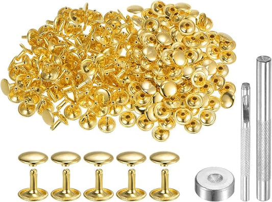 HARFINGTON 100 Sets Leather Rivets 12 x 12mm Metal Double Cap Rivet Snaps Studs Fasteners with 3pcs Setting Tools Rivets for Leather Craft DIY Repair Decoration, Gold Tone