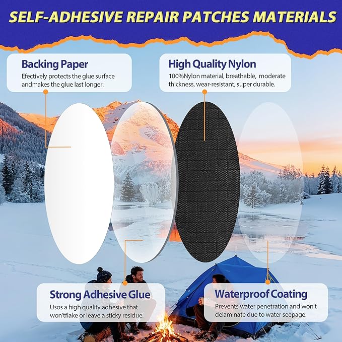 Down Jacket Repair Patch Kit, Outdoor Gear Tenacious Repair Tape, Self Adhesive Fabric Patches for Clothes, Waterproof Ripstop Nylon Fabric Patch for Puffer Jacket, Coat, Tent (18 Pcs, Orange)