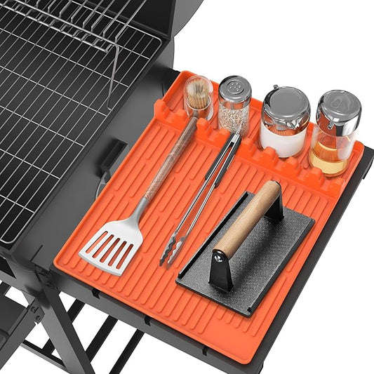 Silicone Grill Mat Compatible with Blackstone, BBQ Griddle Tools Mat with Drip Pad, Large Spatula Holder for Outdoor Kitchen Counter, Gifts for Men (Orange)