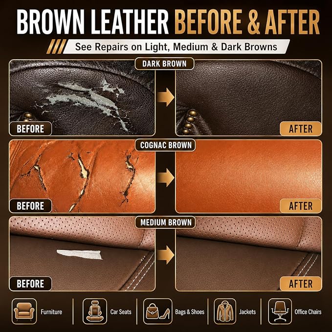 ARCSSAL Brown Leather & Vinyl Repair Kit with 10-Color Matching, DIY Couch & Car Seat Repair, Restore Scratches Tears & Cracks on Genuine Faux Bonded Leather Sofa Furniture