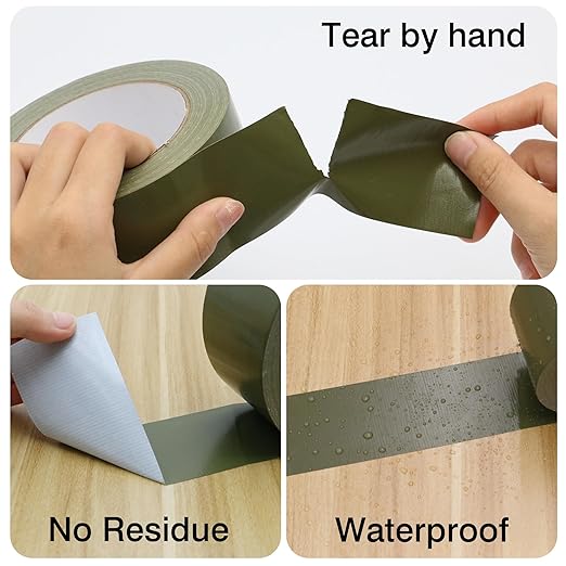 Duct Tape 1 Inch X 44 Yards, 8.5 mil Thickness, Heavy Duty Olive Green Army Green Duct Tape, No Residue, Waterproof, Tear by Hand for Repairs, Industrial, Professional Use