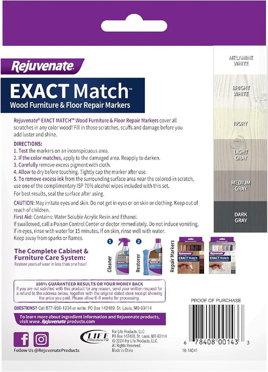 Rejuvenate Exact Match Wood Furniture & Floor Repair Markers, 6 Count, White/Gray Markers Cover All Scratches, Scuffs and Damage to Wood Furniture and Flooring