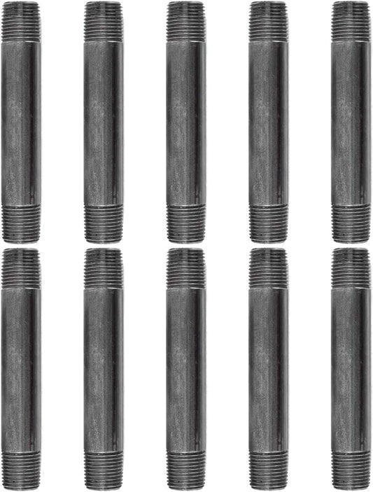 Pipe Decor 1/2" x 5" Malleable Cast Iron Pipe Nipple, Pre Cut Connectors, Industrial Steel Grey Fits Standard Half Inch Black Threaded Pipes Nipples and Fittings, Vintage DIY Furniture, 10 Pack
