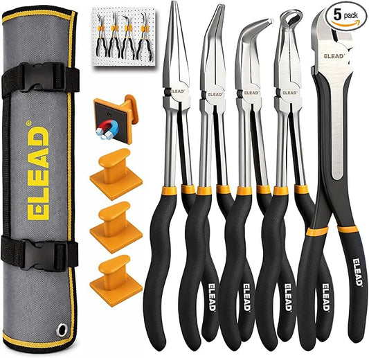 5-Piece 11 Inch Long Needle Nose Pliers Set with 4 Magnetic Plier Racks, Extra Long Reach Pliers Set, 45° & 90° Bent Needle Nose Pliers, Circle Nose and Diagonal Pliers for Tight Spaces