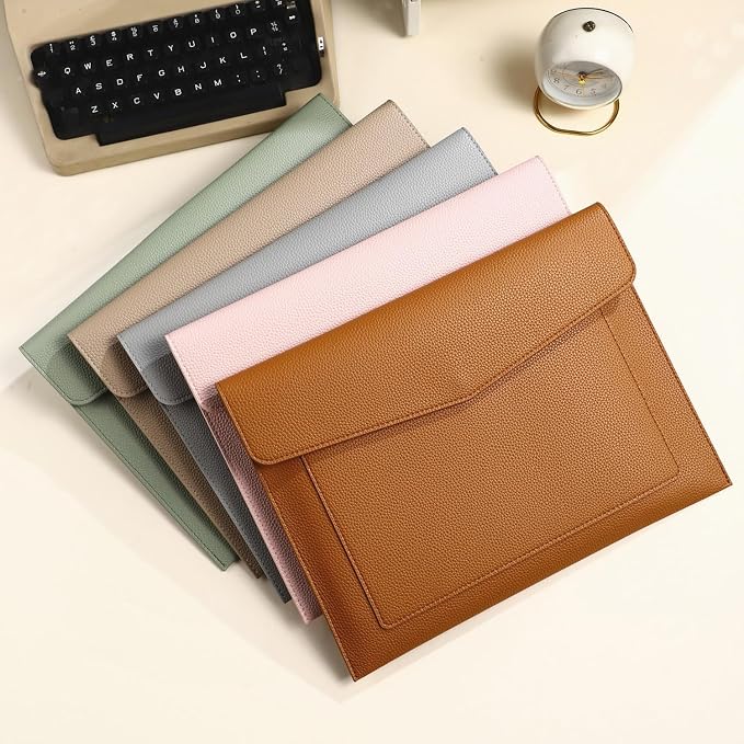 A4 Large Capacity Document Bag, Premium PU Leather File Holder, Multi-Color, Double-Layer Design, 13.39 x 10.04 Inches (Green)