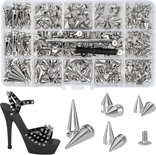 360 Pcs Punk Spikes and Studs Kit, Multiple Size Cone Spikes for Clothes, Punk Rock Style Studs and Spikes for DIY Leathercraft Decoration, Suitable for Clothing, Dog Collars, Belts, Bags (15.53oz)