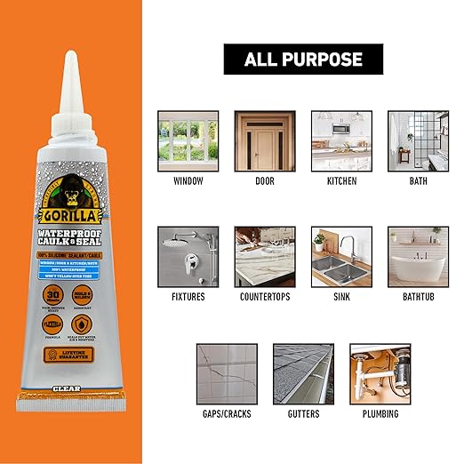 Gorilla Waterproof Caulk & Seal Silicone Sealant, 2.8oz Squeeze Tube (Pack of 5) - Clear Caulking Sealant for Kitchen, Window, Bath, Marine, Door and More