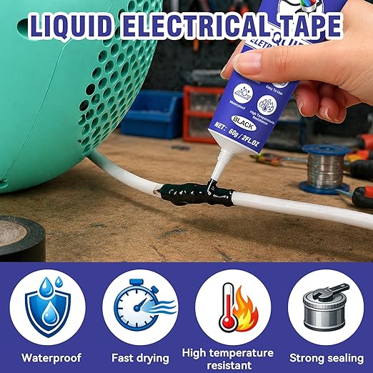 Liquid Electrical Tape, 2PCS 60ml Waterproof Insulating Sealant with Self-Tip, Fast-Drying & High Temp Resistant for Wires, Cables & Marine Repairs (Black)