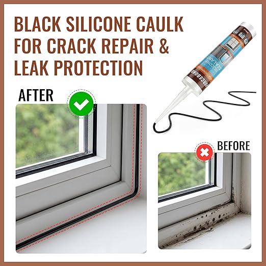 4 Pack Black Silicone Caulk, Neutral Black Caulking Waterproof, 10.1OZ Silicone Sealant for Filling Gaps and Cracks, Shower, Bathroom, Windows & Doors, Bathtub, RV, Pest Entry Blocking