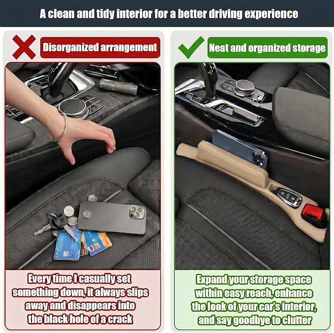 2PCS Car Seat Gap Filler, PU Leather Seat Gap Filler Strip, Anti-Drop Car Seat Gap Plug Catcher, Car Gap Seat Filler Between Seats for Cars SUVs Trucks (Beige)
