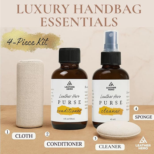 Leather Purse Cleaner & Conditioner Kit – 4pc Set with 4oz Cleaner, 4oz Conditioner, Microfiber Cloth & Applicator Sponge – Leather Bag & Handbag Care for Luxury Purses & Designer Bags