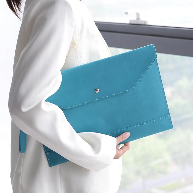 Wonderpool Envelope Case A4 PU Leather File Jacket Pocket Folder Document Case Bag with Removable Hand Strap and 4 Pocket for Documents Tablet Phone Stationery (Cyan)