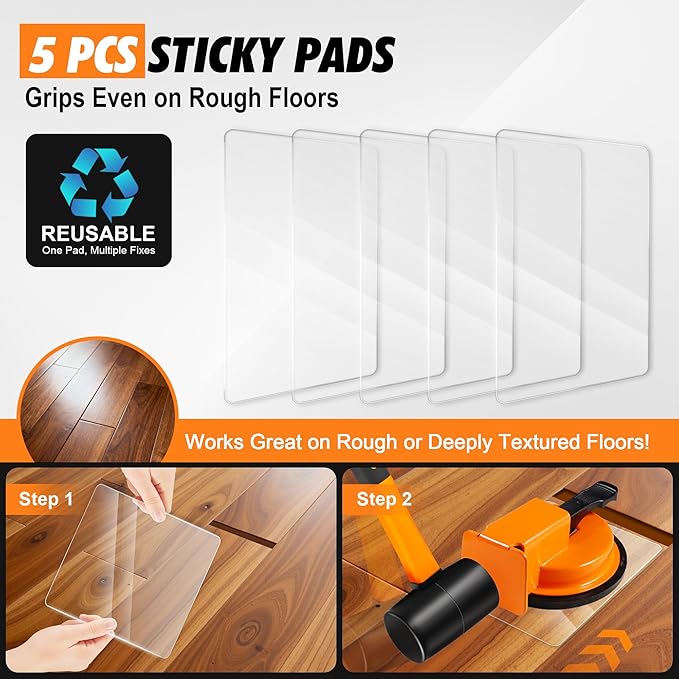 Floor Gap Fixer Tool with Rubber Mallet, Iron Body & Strong Suction Cup, Includes 5 Sticky Pads for Laminate, Vinyl, Wood & Tile Flooring Installation and Repair