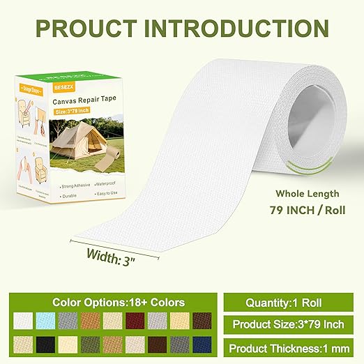Besezx Canvas Repair Tape,Outdoor Gear Patch, 3x79 Inches,Waterproof Self-Adhesive Fabric Repair Tape for Repairing Boat Covers,Sun Shades,Sofas,Tents,Lounge Chairs,Awnings (White)