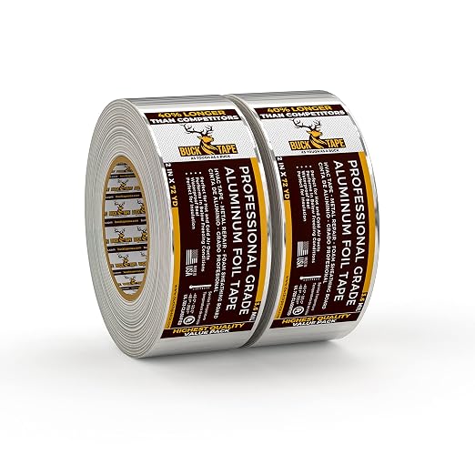 2 Pack Buck Aluminum Foil Tape – 2 Inch x 216ft (72 yd), 3.6 Mil – HVAC Tape for Ductwork, AC, Dryer Vents & Insulation – Silver Foil Tape for Metal Repair, Exhaust Sealing & Air Conditioning