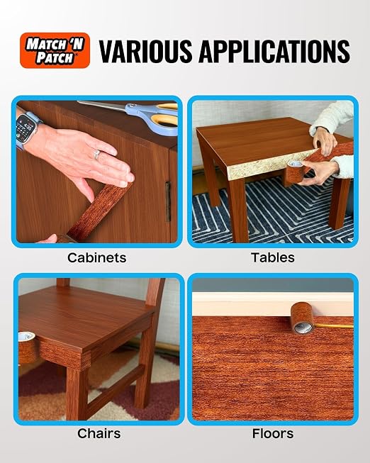 MATCH 'N PATCH Wood Grain Repair Tape - Mahogany, 2.25 in x 15 ft (1-Pack) – Wood Grain Colored Duct Tape for Mirror Frame, Trim, Borders, Floor and Other Furniture, Scratch Repair Kit