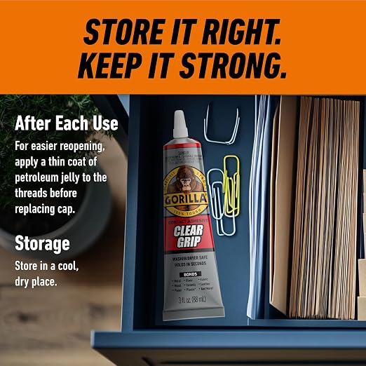 Gorilla Clear Grip Waterproof Contact Adhesive; Fast-Setting; Waterproof; Flexible; Permanent Bond; 3 Ounce Tube; Crystal Clear (Pack of 3)