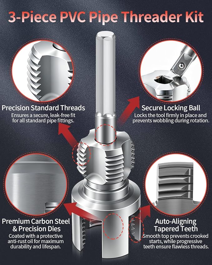 3PCS PVC Pipe Threader Kit for Drill,Internal & External Threads | Fits 1/2", 3/4" and 1" PVC pipes; drill-compatible tools create clean internal and external threads for plumbing repairs.