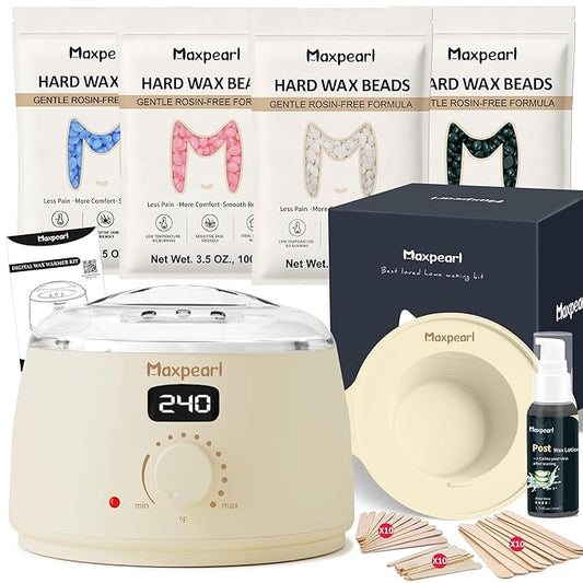 Maxpearl Rosin-Free Waxing Kit for Women Men - Sensitive Skin Friendly, Digital Wax Warmer with Silicone Pot, At Home Hair Removal Kit for Eyebrows, Brazilian, Underarms, Bikini & Full Body