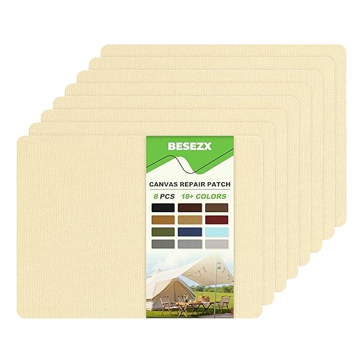 Besezx Canvas Repair Patch,Outdoor Gear Patch,7.87x5.9 Inches 8PCS,Waterproof Self-Adhesive Fabric Repair Tape for Repairing Boat Covers,Sun Shades,Sofas,Tents,Lounge Chairs,Awnings (Ivory Beige)