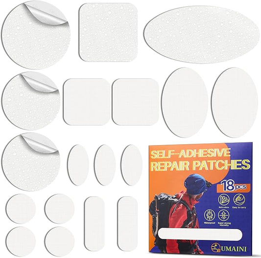 Down Jacket Repair Patch Kit, Outdoor Gear Tenacious Repair Tape, Self Adhesive Fabric Patches for Clothes, Waterproof Ripstop Nylon Fabric Patch for Puffer Jacket, Coat, Tent (18 Pcs, White)
