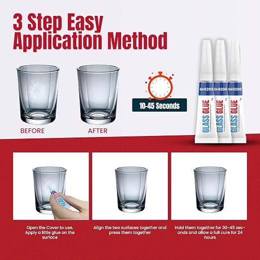GH1200 Glass Glue Clear Repair Heavy Duty (5g x 5 PCs) Stain & Spot Free, with Fast Setting, Super Glue for Glass, Bowls, Articrafts, Crystals & More