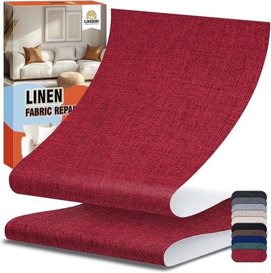 Linen Fabric Repair Tape 4x79 Inch, Self Adhesive Couch Patch Repair Fabric Tape for Furniture, Linen Patch Kit for Couch, Carpet, Upholstery, Chair, Sofa, Pillows, Bag (Coarse, Dark Red)