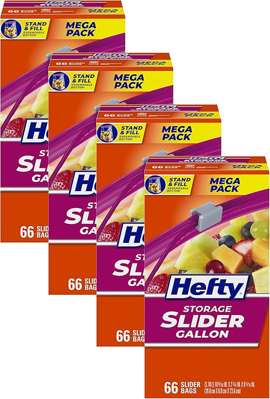 Hefty Slider Kitchen Storage Bags, Gallon Size, 66 Count (Pack of 4)