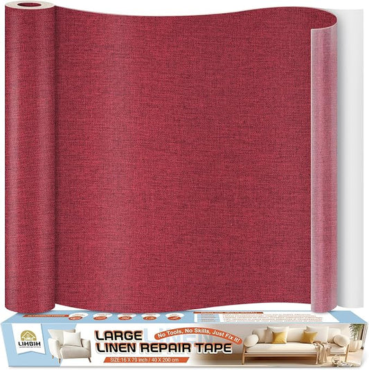 Linen Fabric Repair Tape 16x79 Inch, Self Adhesive Couch Patch Repair Fabric Tape for Furniture, Linen Patch Kit for Couch, Carpet, Upholstery, Chair, Sofa, Cushion, Bag (Dark Red)