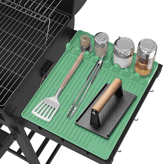Silicone Grill Mat Compatible with Blackstone, BBQ Griddle Tools Mat with Drip Pad, Large Spatula Holder for Outdoor Kitchen Counter, Gifts for Men (Light Green)