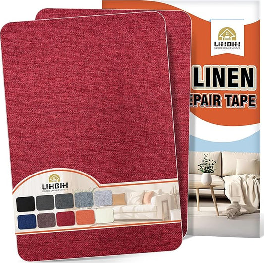 Linen Fabric Repair Tape 2 Pcs 8x12 Inch, Self Adhesive Couch Patch Repair Fabric Tape for Furniture, Linen Patch Kit for Couch, Carpet, Upholstery, Chair, Sofa, Cushion, Bag (Dark Red)
