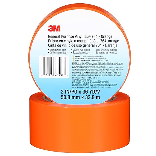 3M Vinyl Tape 764, General Purpose, 2 in x 36 yd, Orange, 1 Roll, Light Traffic Floor Marking, Social Distancing, Color Coding, Safety, Bundling