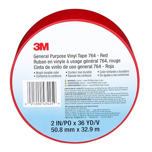3M Vinyl Tape 764, General Purpose, 2 in x 36 yd, Red, 1 Roll, Light Traffic Floor Marking Tape, Social Distancing, Color Coding, Safety, Bundling