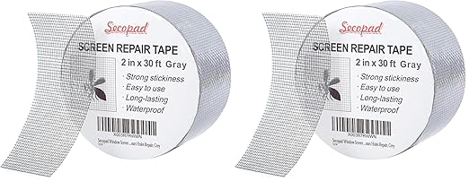 Secopad Grey Window Screen Repair Tape, 2IN X 30FT (360IN) Screen Repair Kit for Windows or Doors, Strong Adhesive Patch Kit Fiberglass Mesh Tape (Pack of 2)